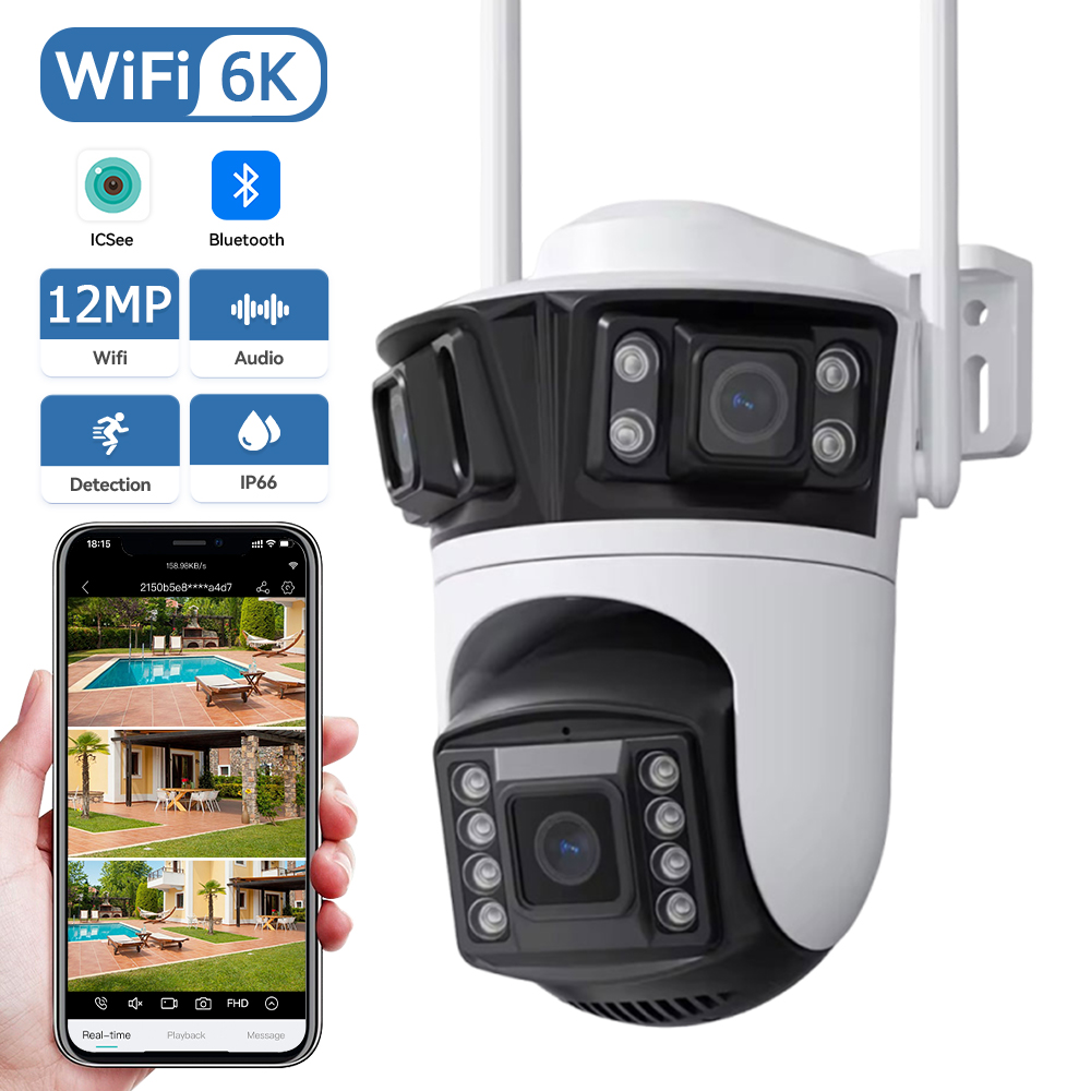 Home Security Ai - 6K 12MP HD 3렌즈 야외 카메라